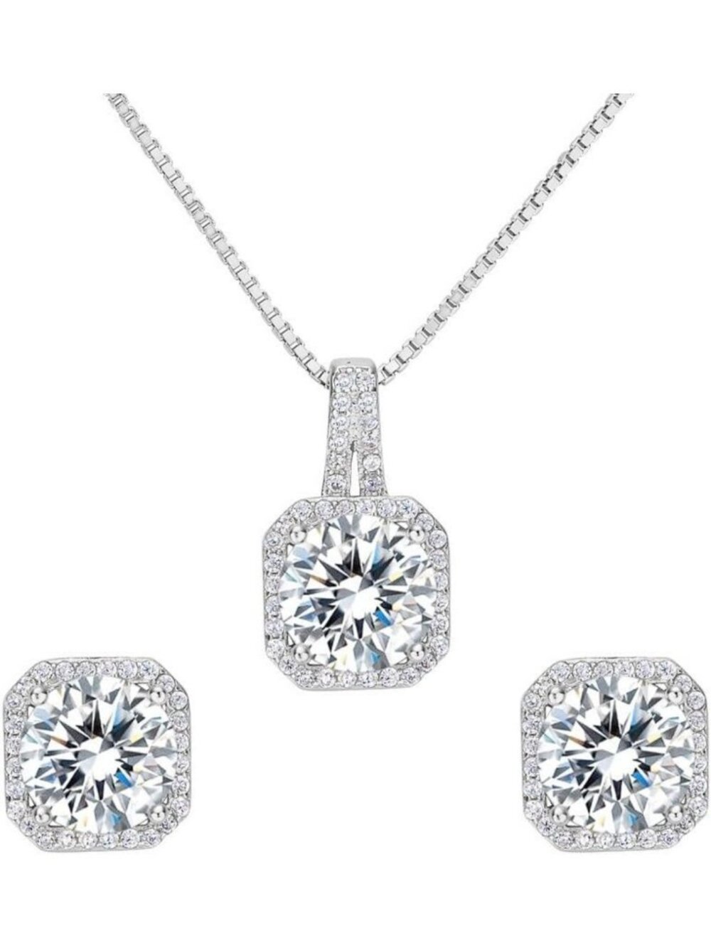 925 Sterling Silver CZ Cushion Pendant Necklace & Earrings Jewelry Set for Women